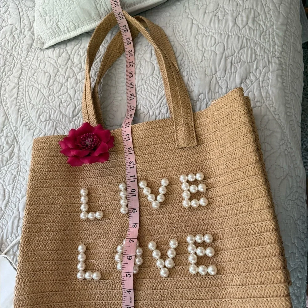Straw Tote Bag Pearl Lettering Floral Accent